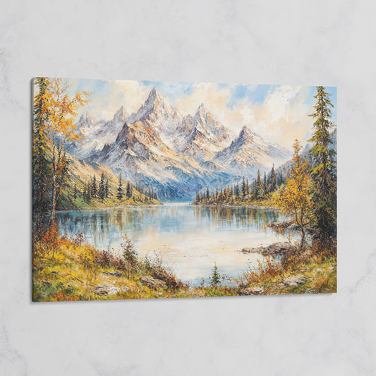 Mountain Lake with Snow-Capped Peaks Canvas on gallery wrap