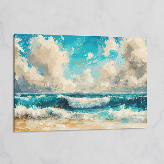 Ocean Waves Beach Scene Canvas with Cloudy Sky on gallery wrap