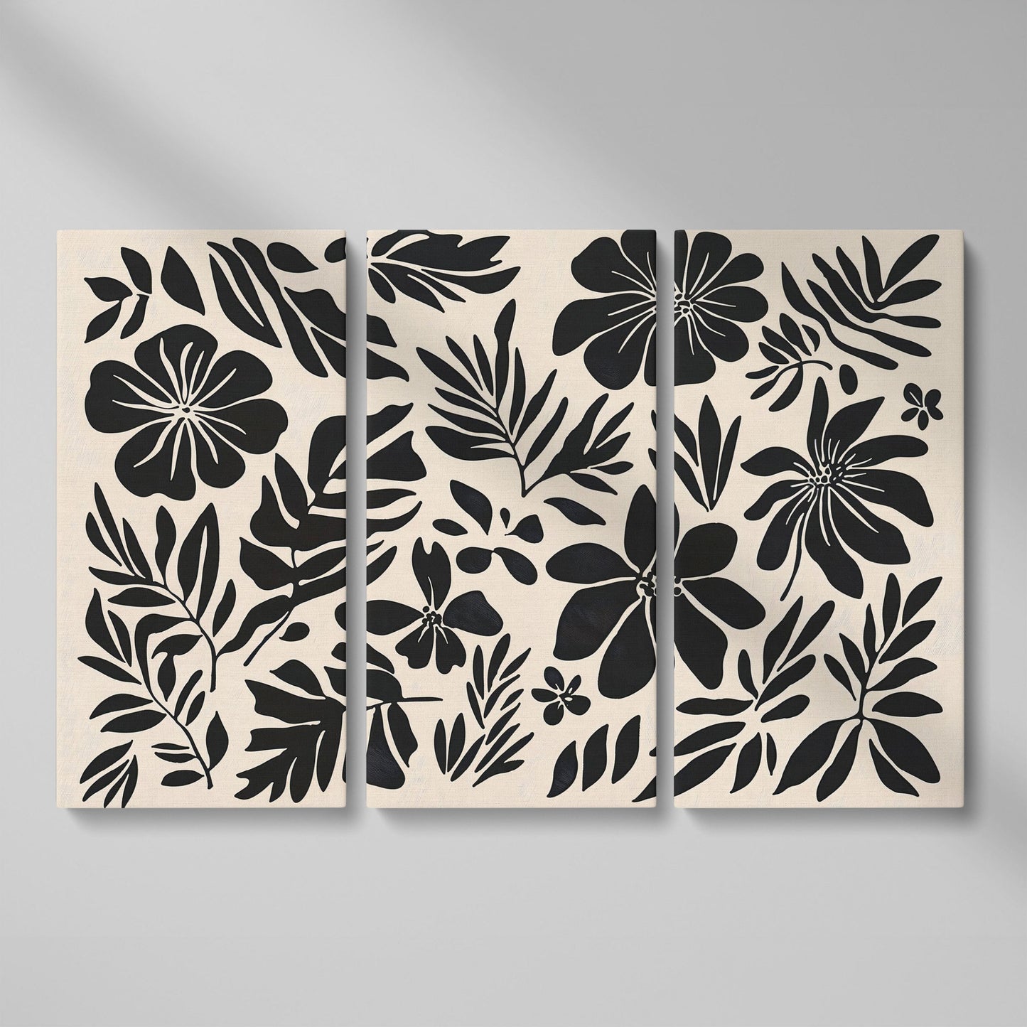 Black and White Floral Canvas Print, Boho Botanical Art as 3-panel split version