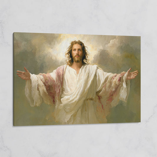 Jesus with Open Arms Canvas Wall Art, Risen Christ Painting on gallery wrap