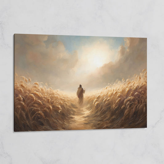 Jesus Walking Through a Wheat Field Canvas Wall Art on gallery wrap