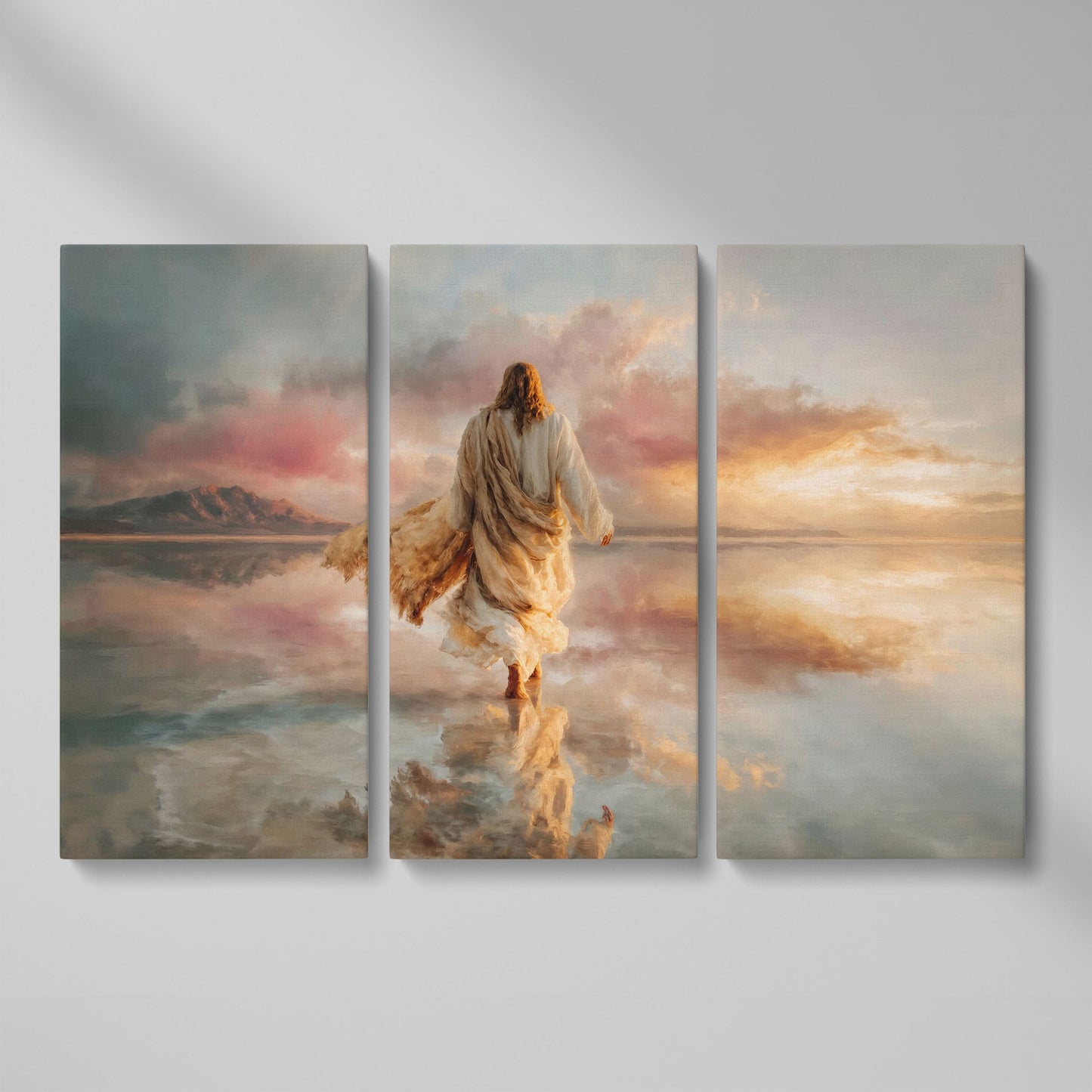 Jesus Walking on Water Canvas Art, Sunset Landscape View from Behind as 3-panel split version