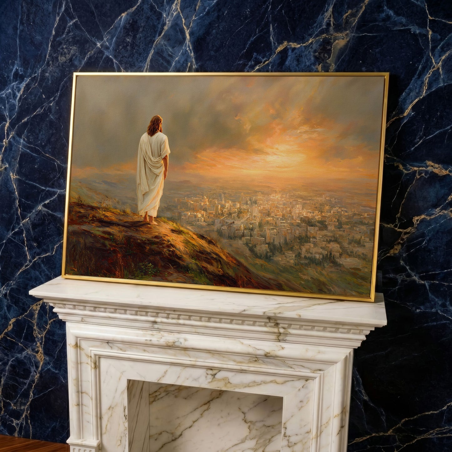 Jesus Overlooking Jerusalem Canvas Wall Art, Landscape in yellow gold floating frame