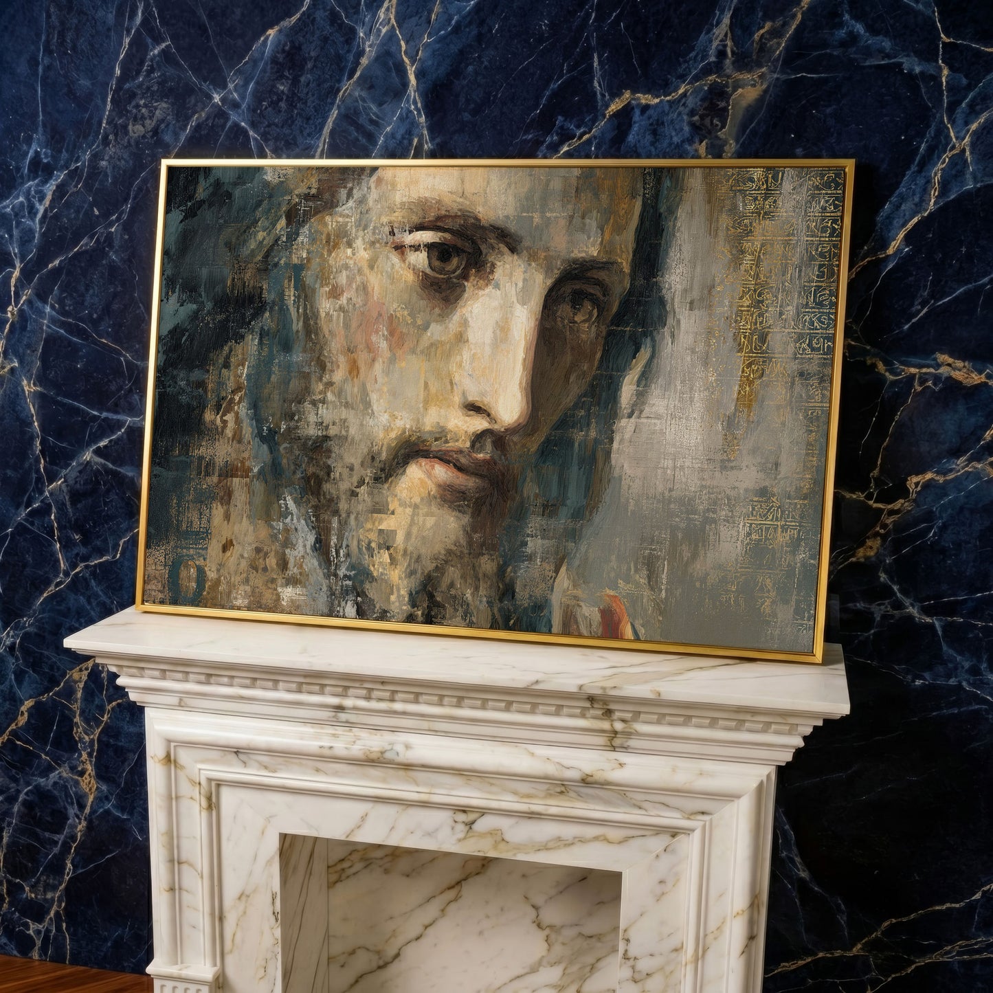 Face of Jesus Christ Canvas Art, Modern Religious Portrait in yellow gold floating frame