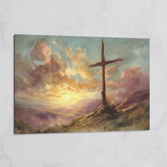 Wooden Cross on a Hill at Sunset, Canvas Wall Art on gallery wrap