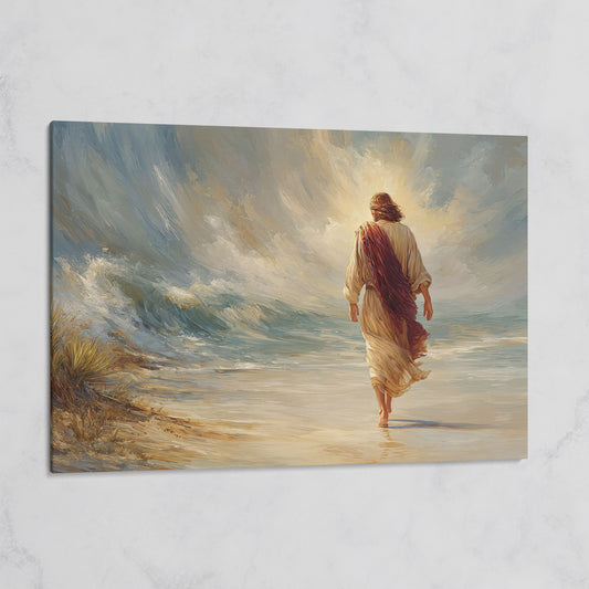 Jesus Walking on the Beach. Coastal Christian Canvas Art on gallery wrap