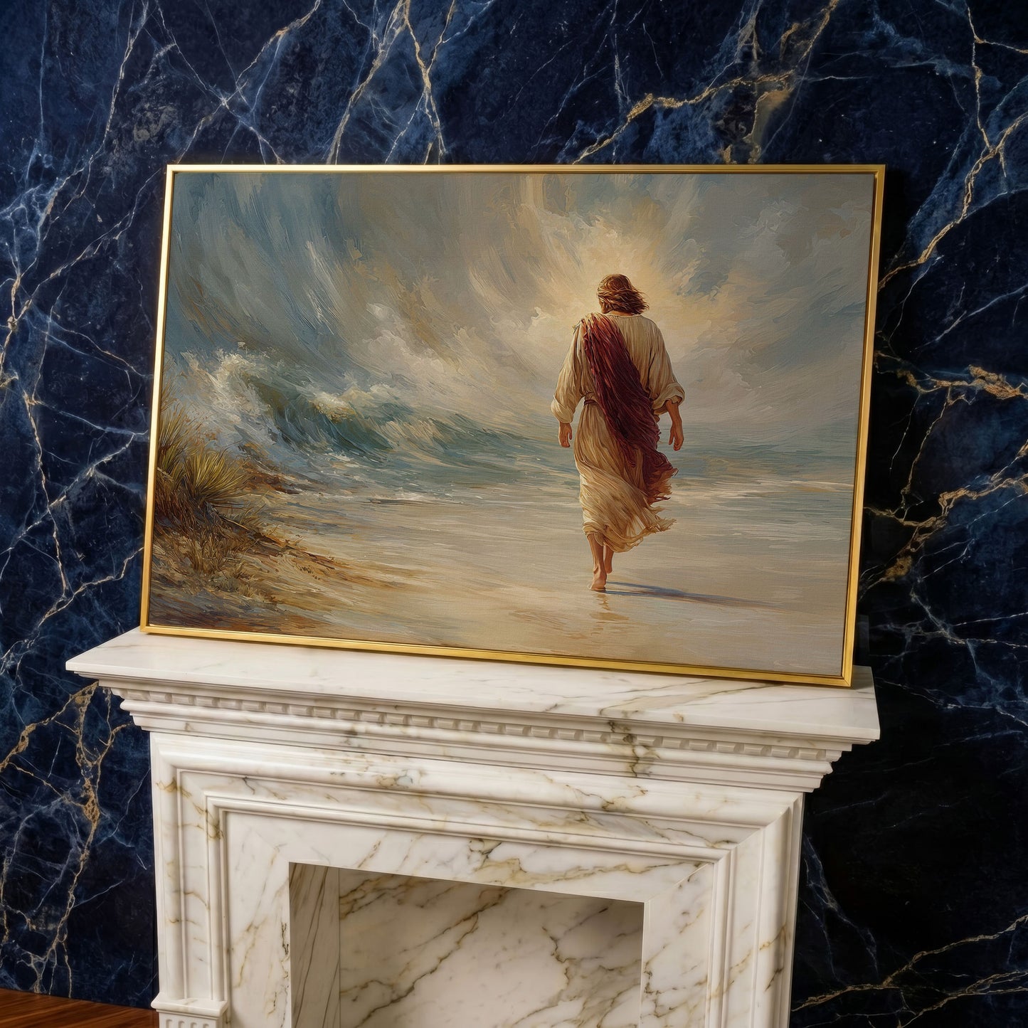 Jesus Walking on the Beach. Coastal Christian Canvas Art in yellow gold floating frame