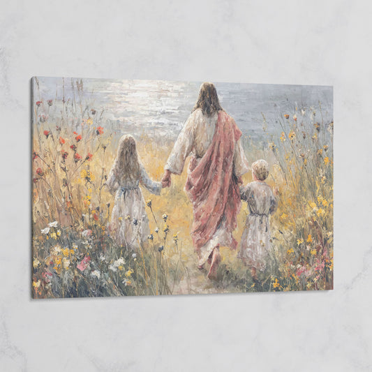 Jesus Walking with Children Through Wildflowers Canvas Art on gallery wrap