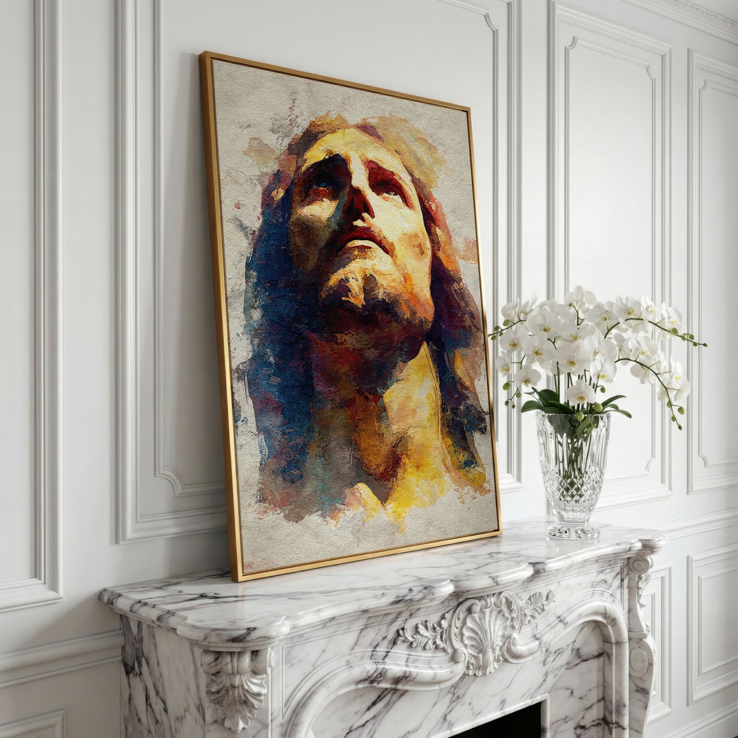Watercolor Portrait of Jesus Christ Canvas Wall Art in yellow gold floating frame
