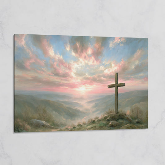 Wooden Cross on a Hilltop at Sunrise. Canvas Wall Art on gallery wrap