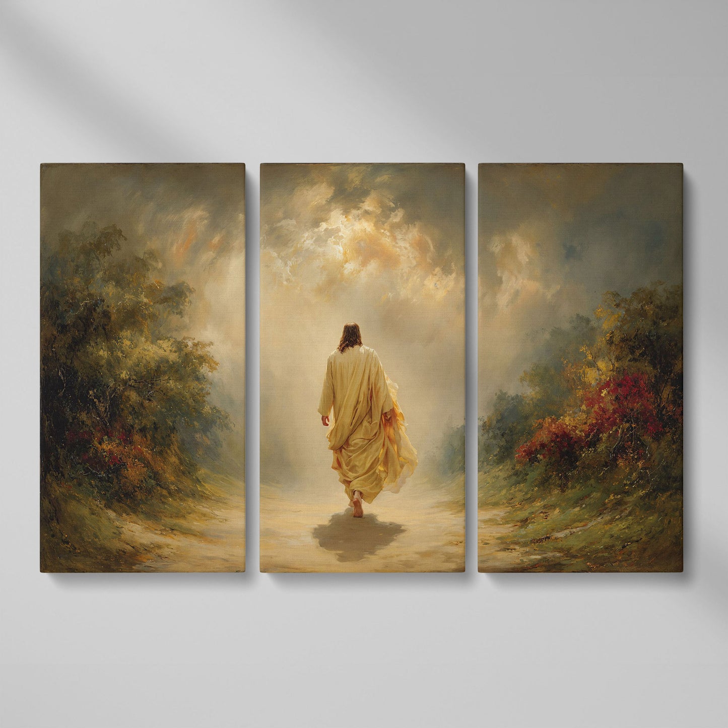 Jesus Walking Into the Light. Christian Canvas Wall Art as 3-panel split version