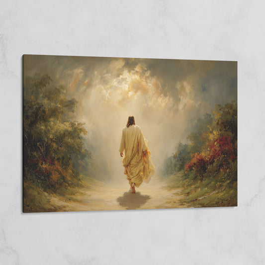 Jesus Walking Into the Light. Christian Canvas Wall Art on gallery wrap