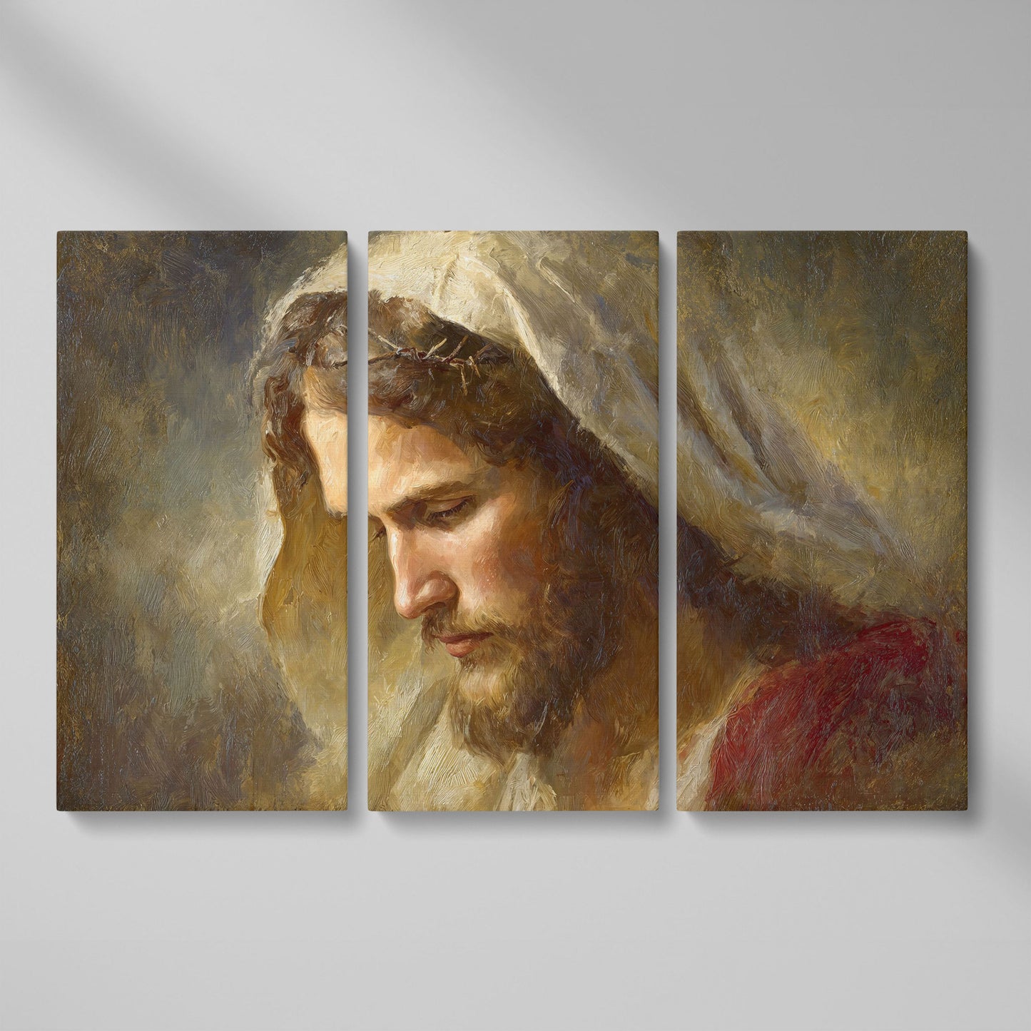 Face of Jesus, Crown of Thorns. Canvas Wall Art Print as 3-panel split version