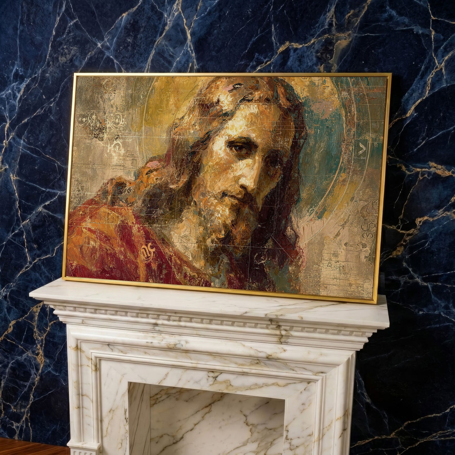 Abstract Jesus Christ Portrait Canvas Wall Art in yellow gold floating frame