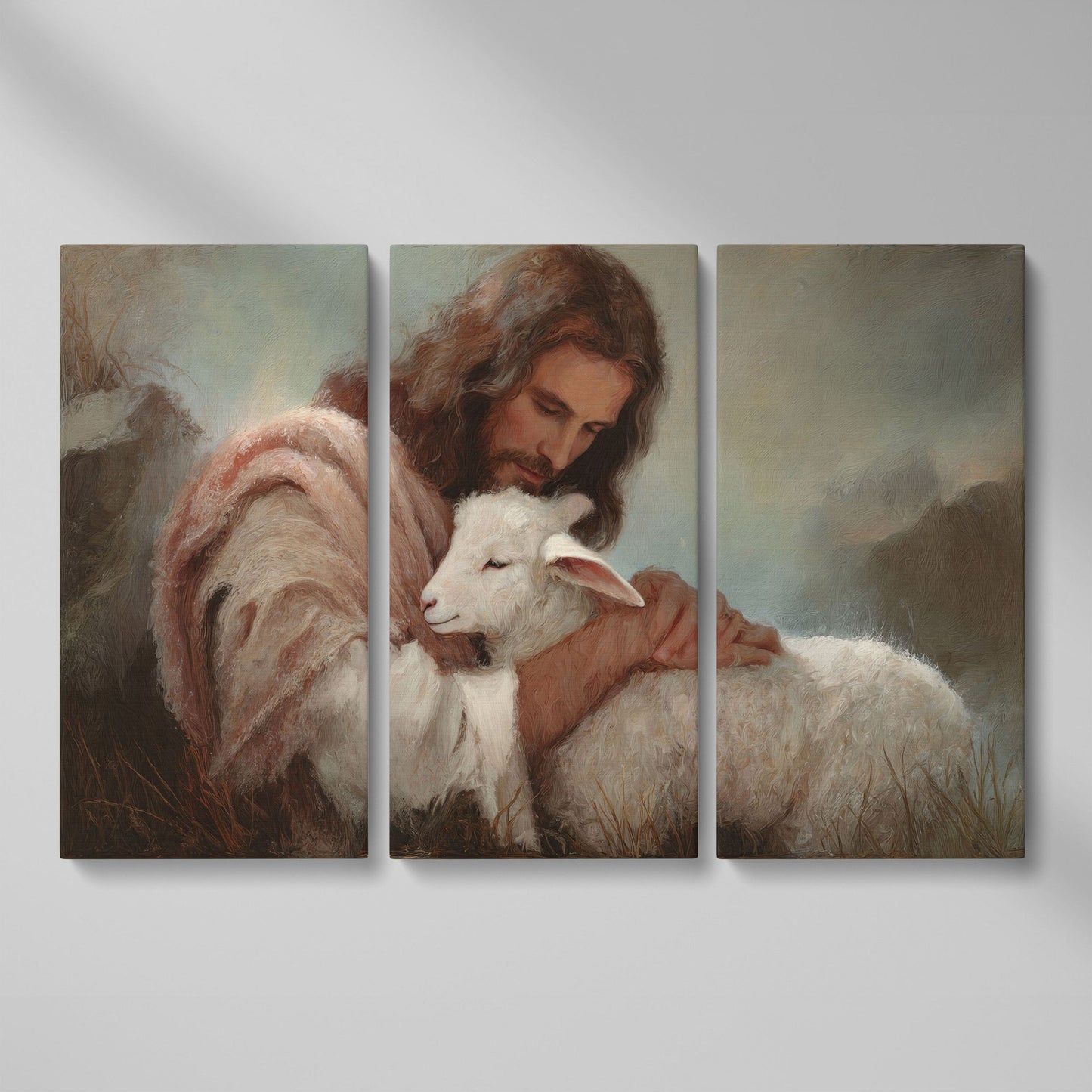 The Good Shepherd: Jesus Holding a Lamb Canvas Wall Art as 3-panel split version