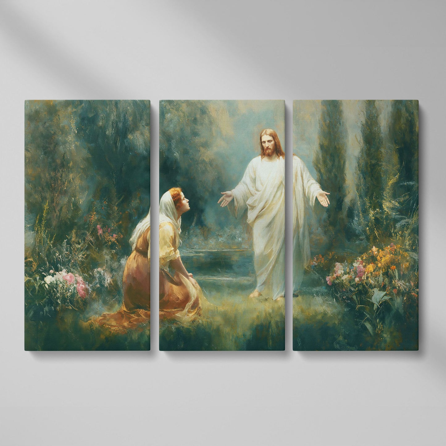 Jesus and Mary Magdalene in the Garden. Risen Christ Canvas Art as 3-panel split version