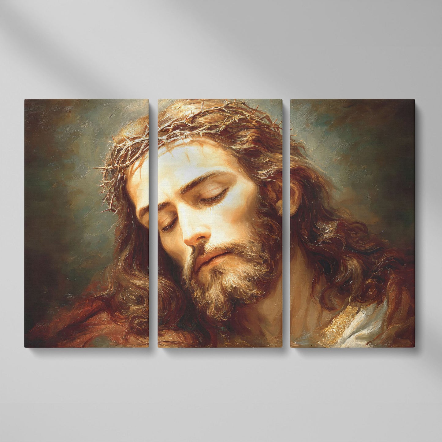Holy Face of Jesus: Crown of Thorns Portrait Canvas Art as 3-panel split version
