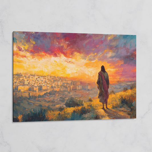 Jesus Overlooking Jerusalem at Sunset Canvas Wall Art on gallery wrap