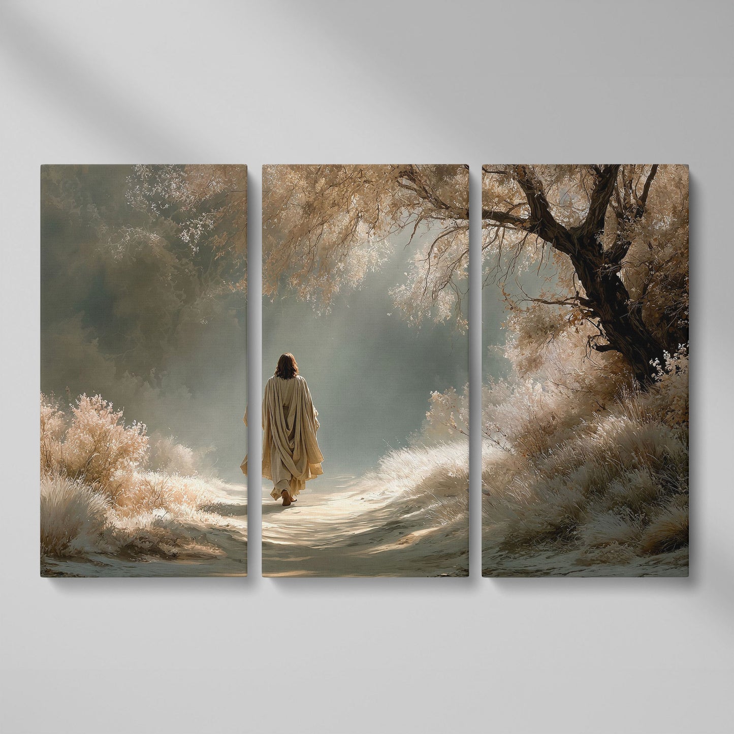 Jesus Walking the Path, Canvas Wall Art for Faith-Filled Spaces as 3-panel split version