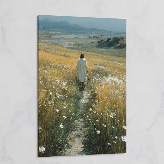 Jesus Walking Through Wildflowers Canvas Art on gallery wrap
