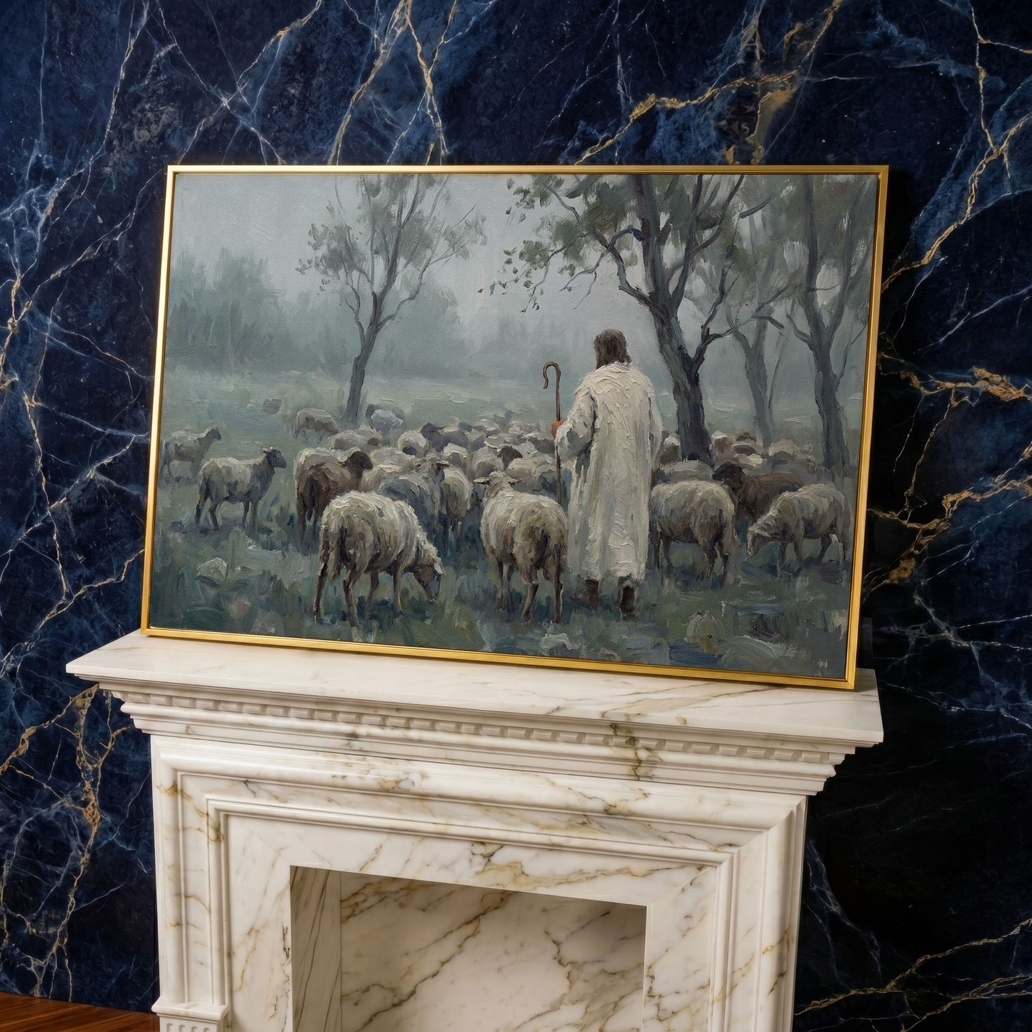 The Good Shepherd in the Mist: Jesus and His Flock Canvas Art in yellow gold floating frame