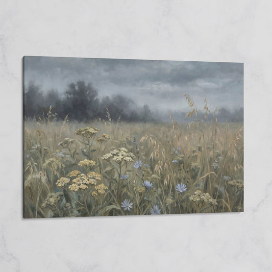 Wildflower Field Under a Cloudy Sky, Canvas Wall Art on gallery wrap