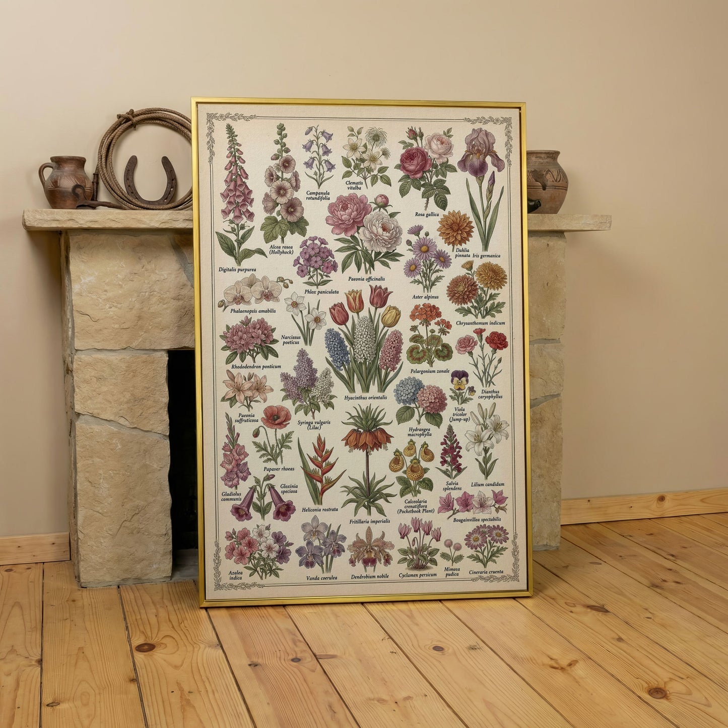 Botanical Illustration Canvas Art: 32 Flowers, Vintage Style in yellow gold floating frame