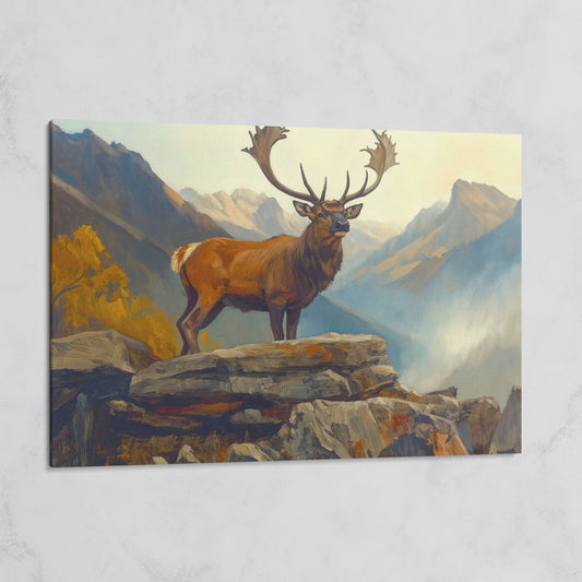 Bull Elk on Rocky Ridge, Misty Mountain Canvas Wall Art on gallery wrap
