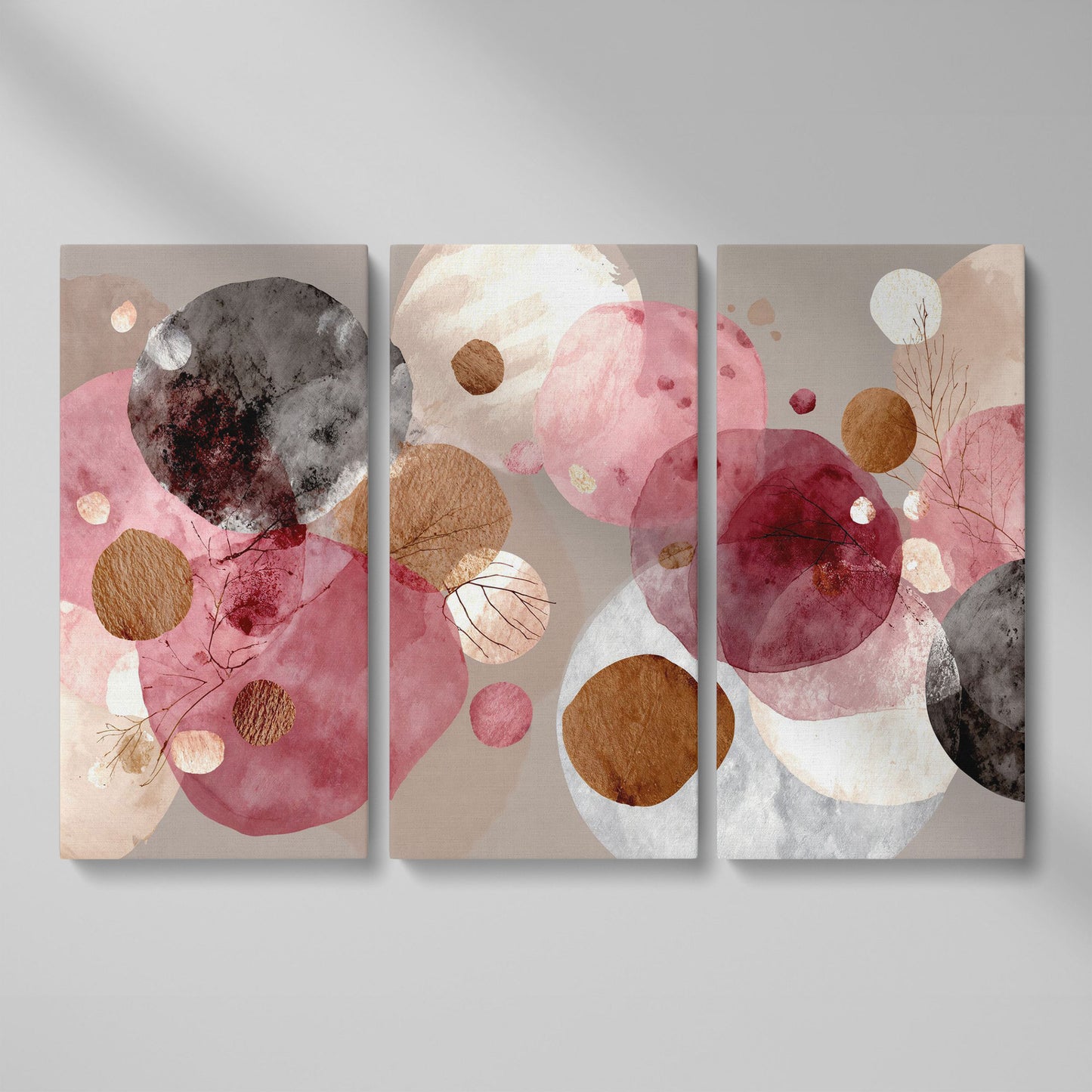 Overlapping Circles with Branch Details: Abstract Canvas Art as 3-panel split version