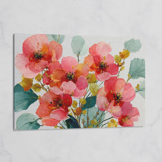 Pink and Coral Poppy Bouquet with Eucalyptus Canvas Art on gallery wrap