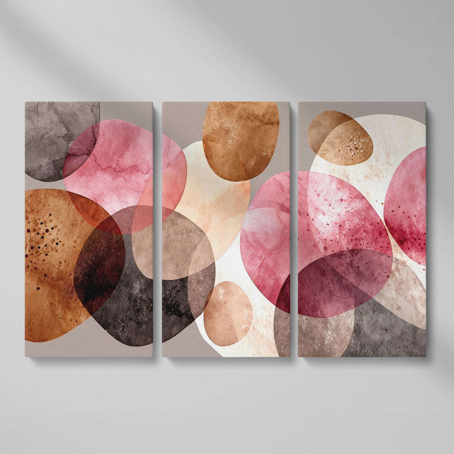 Abstract Circles Canvas Wall Art in Earth Tones as 3-panel split version