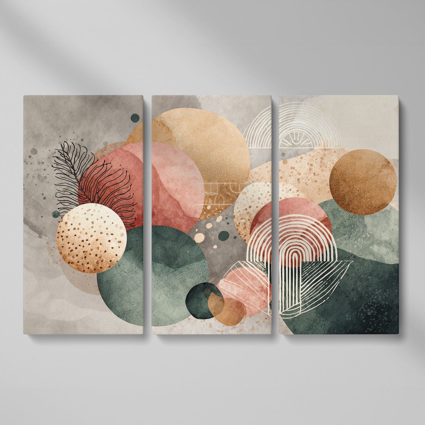 Abstract Botanical Circles Canvas Wall Art, Sage Green and Terracotta as 3-panel split version