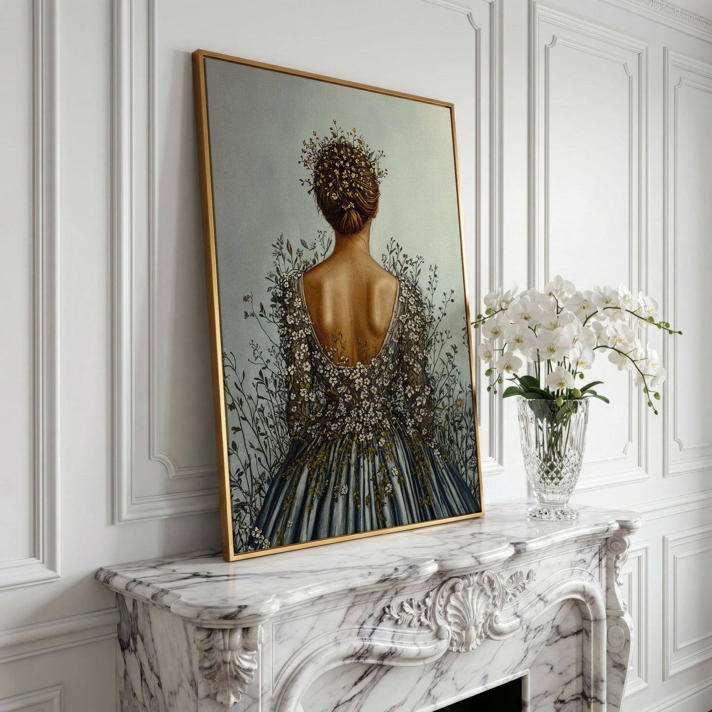 Floral Woman Canvas Art, Dark Feminine Surrealist Portrait in yellow gold floating frame