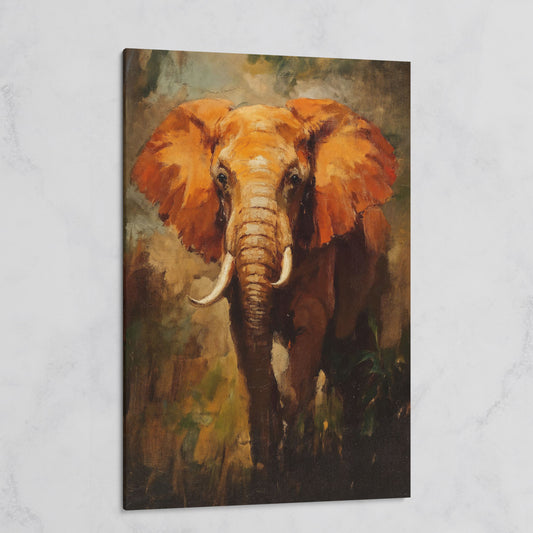 African Elephant Portrait Canvas Wall Art, Foliage Background on gallery wrap