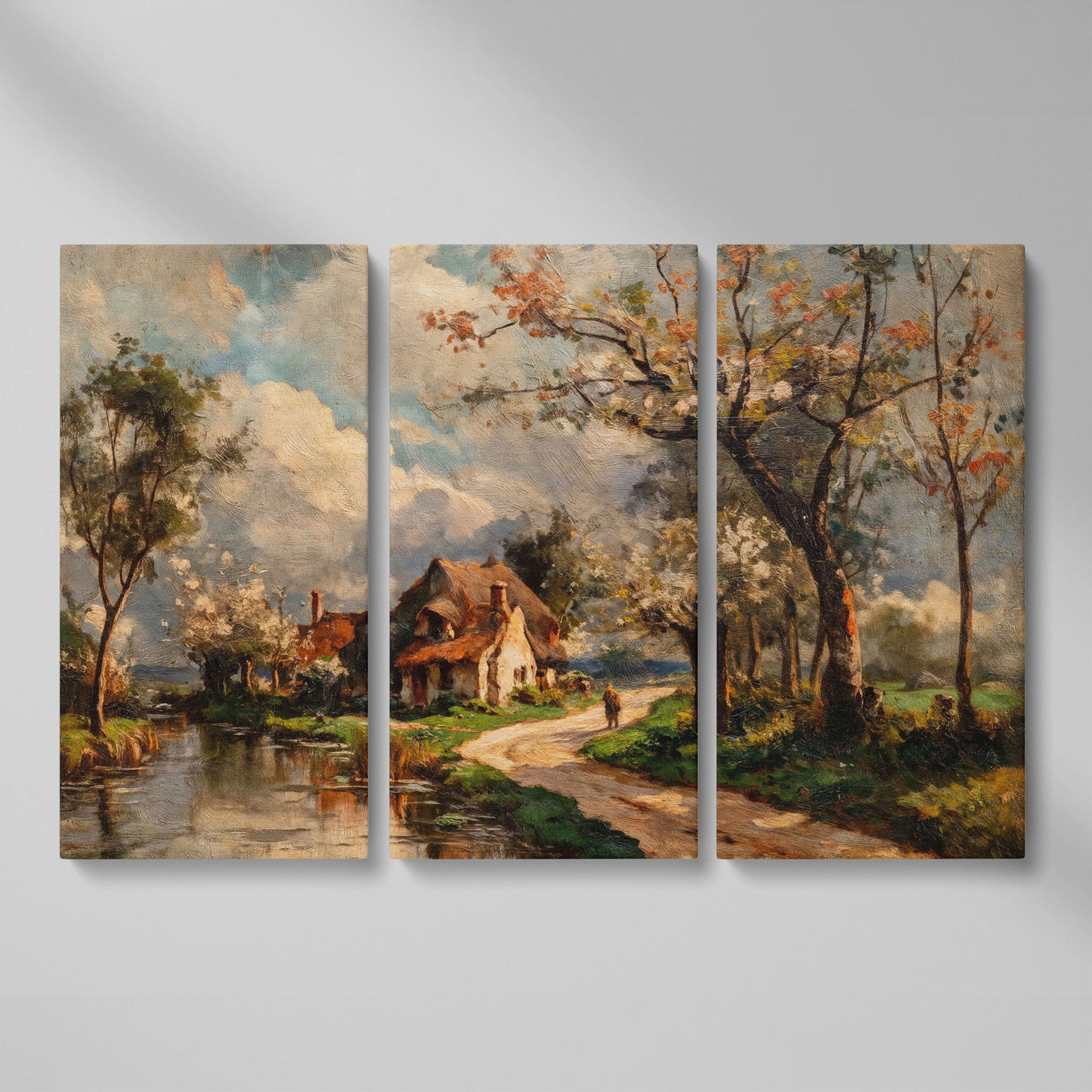 Irish Cottage Landscape Canvas Art with River and Walking Figure as 3-panel split version