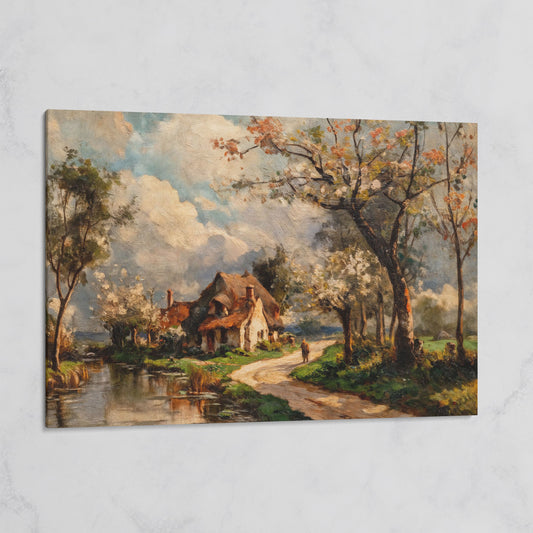 Irish Cottage Landscape Canvas Art with River and Walking Figure on gallery wrap