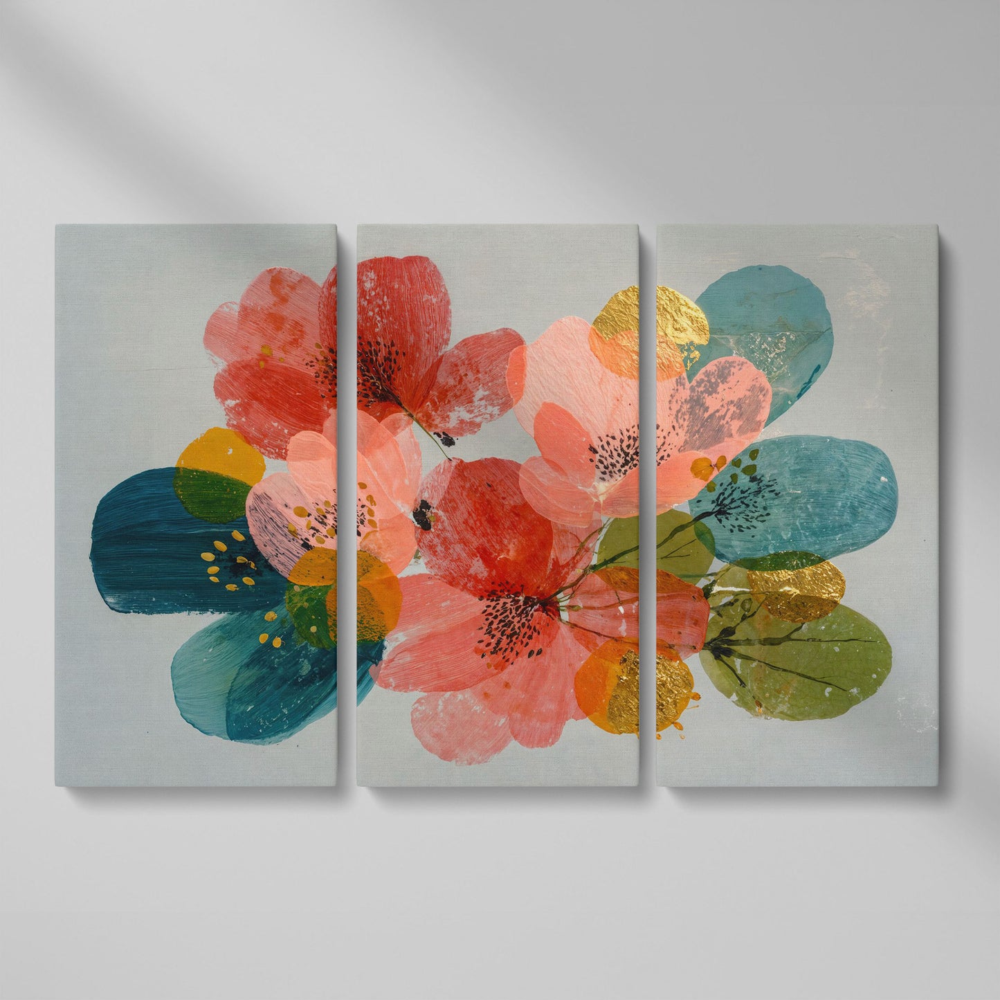 Stylized Poppies and Abstract Leaves Floral Canvas Art as 3-panel split version