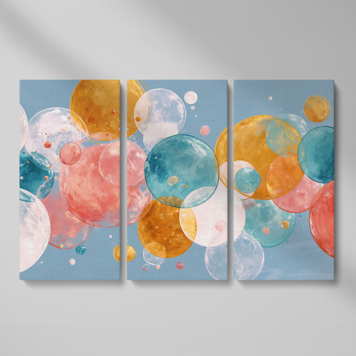 Floating Spheres Abstract Canvas Art, Soft Pastel Bubbles as 3-panel split version