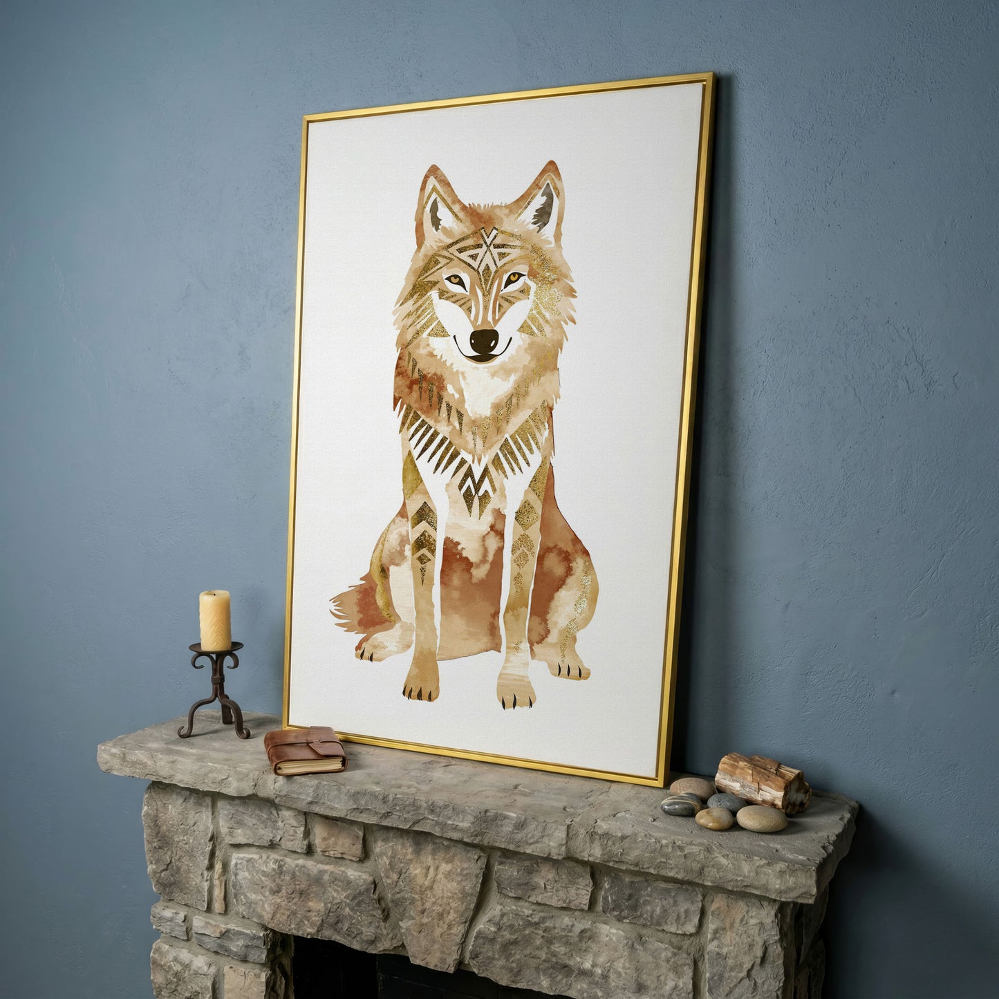 Geometric Tribal Wolf Portrait Canvas Wall Art in yellow gold floating frame