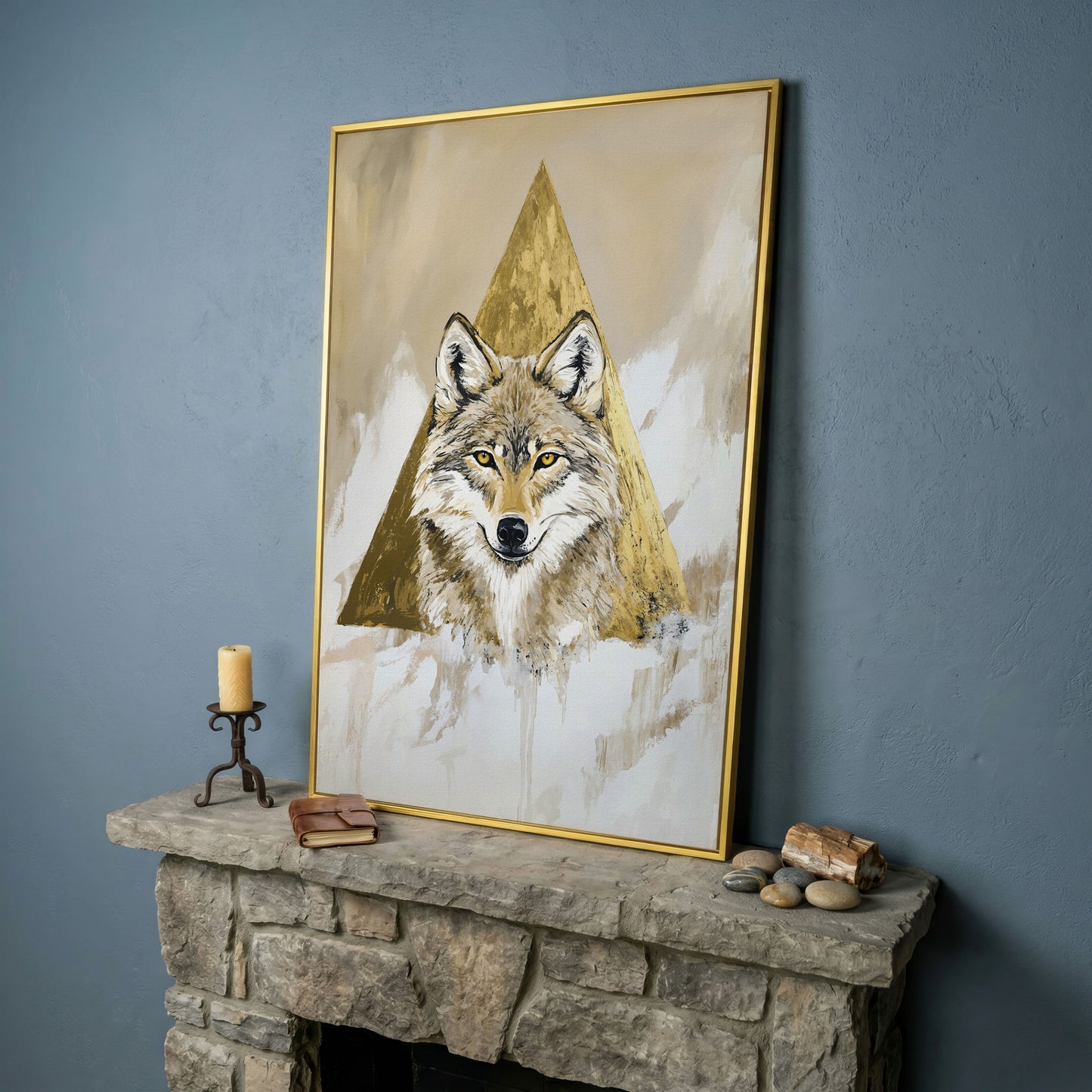 Wolf Portrait Canvas Art with Golden Geometric Triangle in yellow gold floating frame