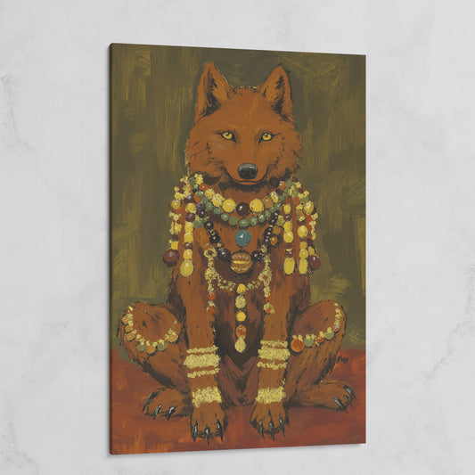Jeweled Wolf Portrait Canvas Art, Beaded Necklaces and Gold Accents on gallery wrap