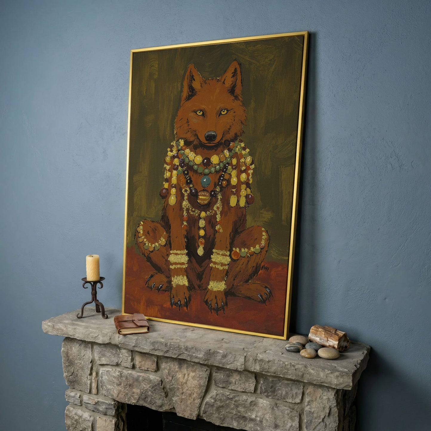 Jeweled Wolf Portrait Canvas Art, Beaded Necklaces and Gold Accents in yellow gold floating frame