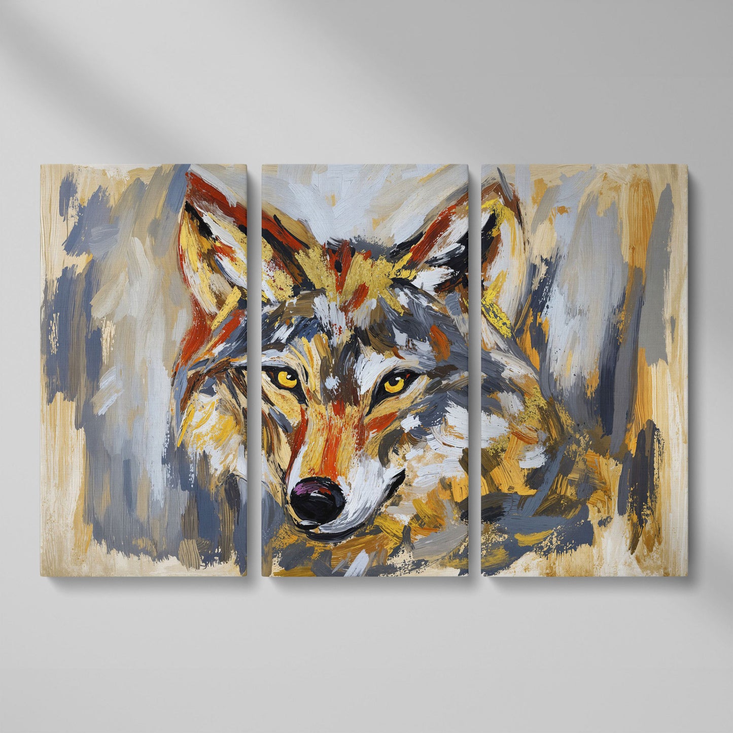 Close-Up Wolf Portrait Canvas Wall Art as 3-panel split version