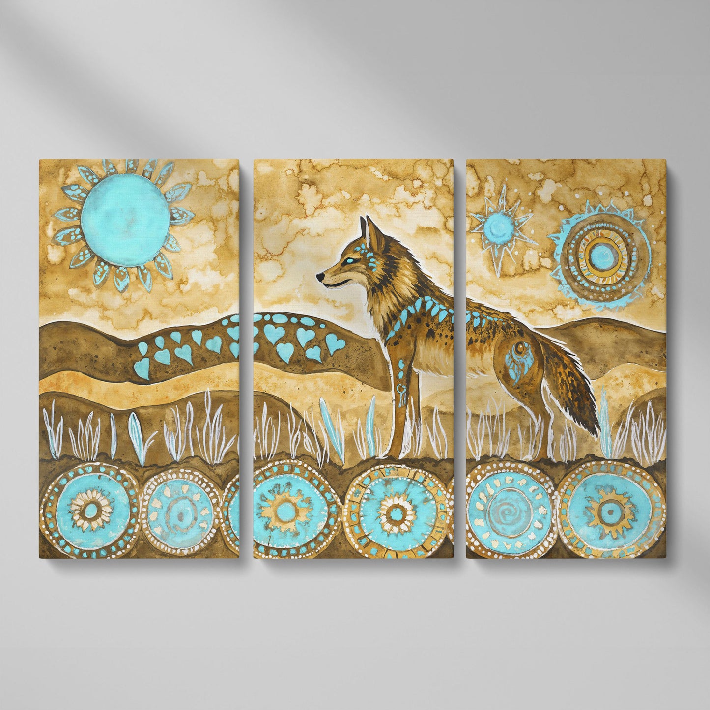 Geometric Wolf Canvas Wall Art with Celestial Details as 3-panel split version