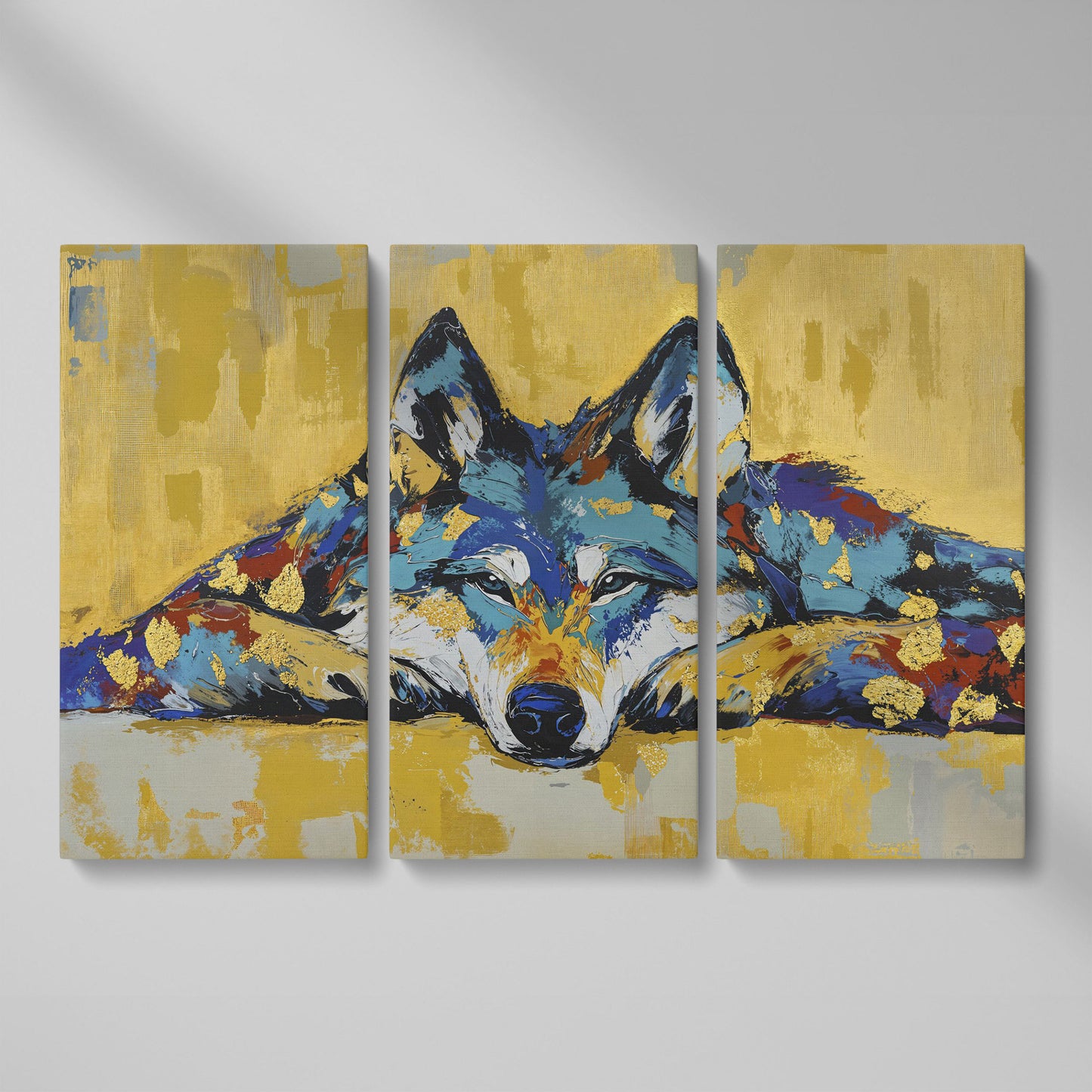 Resting Wolf Canvas Wall Art, Wildlife Print as 3-panel split version