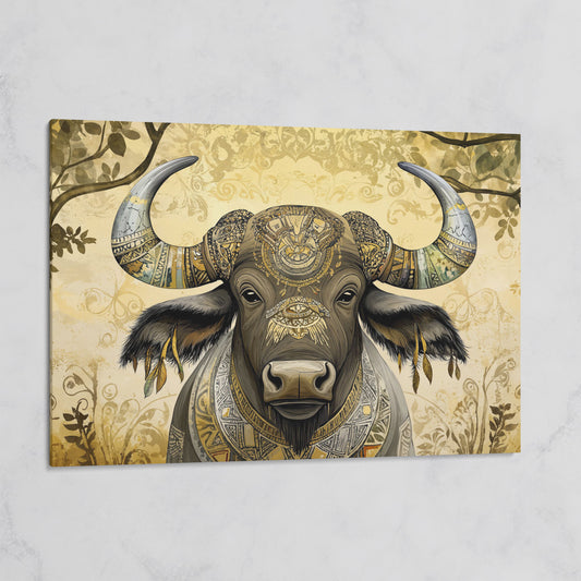 Decorated Water Buffalo Canvas Art with Tribal Patterns on gallery wrap