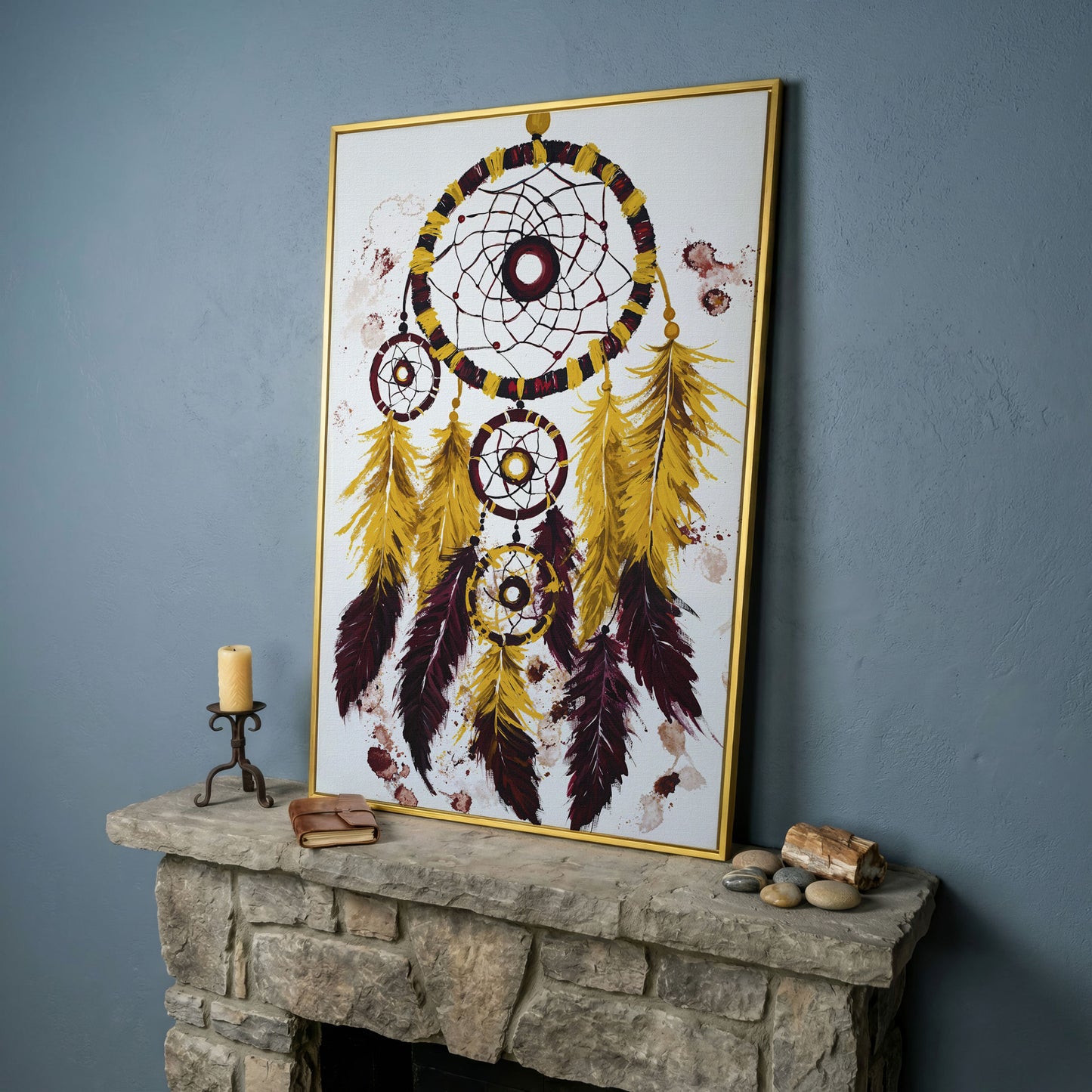 Dreamcatcher with Feathers Canvas Wall Art in yellow gold floating frame