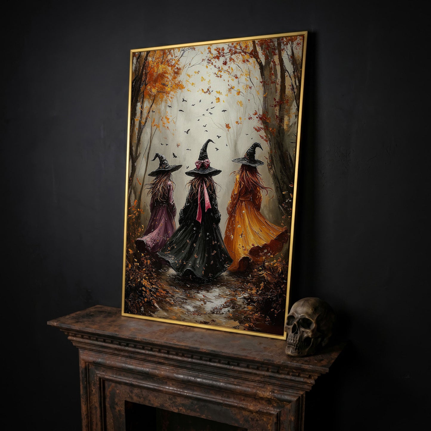 Three Witches in Autumnal Forest Canvas in yellow gold floating frame