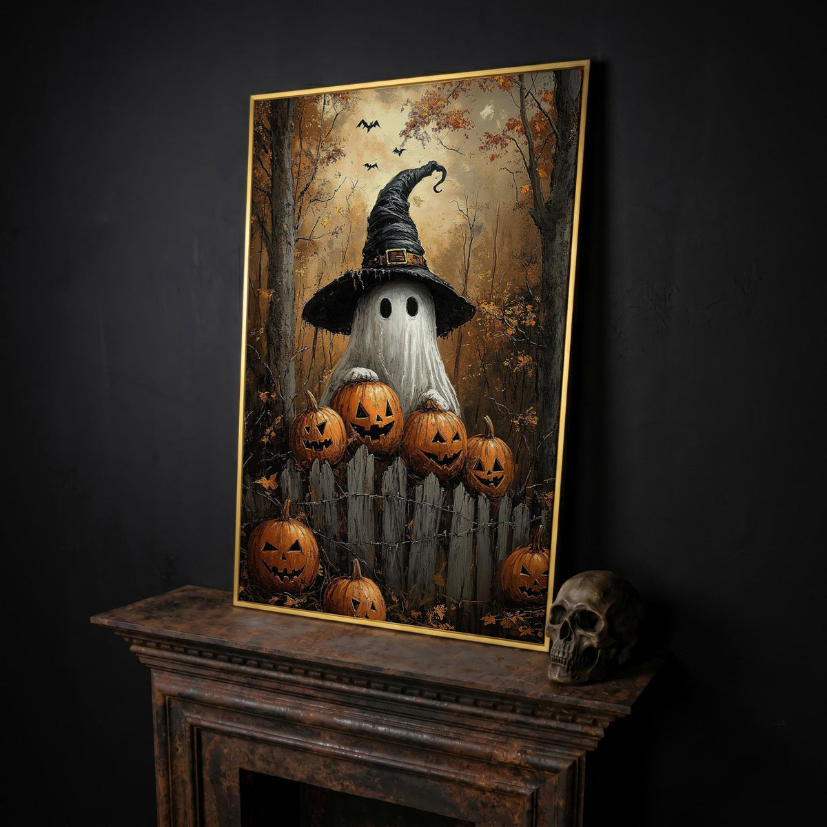Ghost Wearing Witch Hat Canvas in yellow gold floating frame