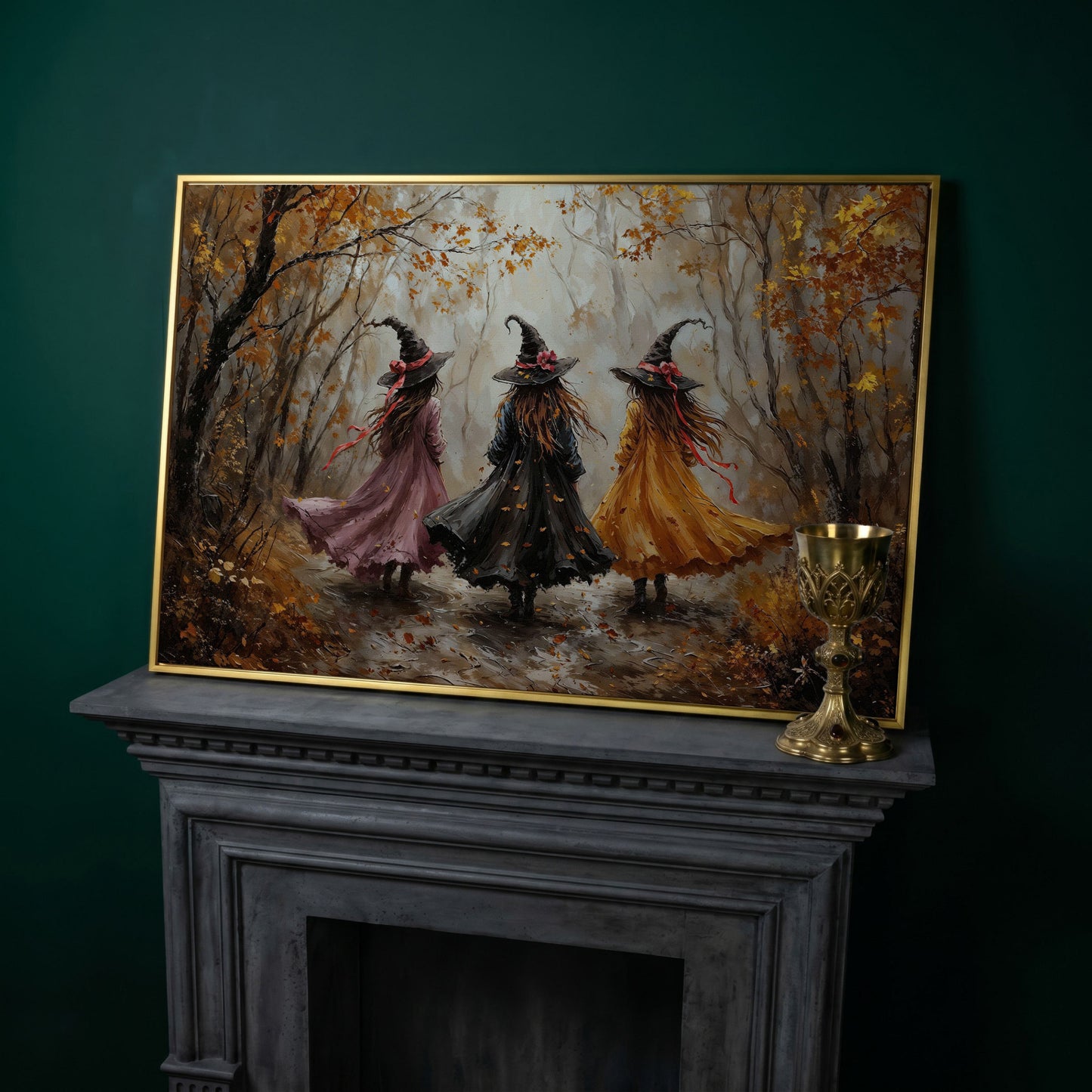 Three Witches Walking Through an Autumn Forest Canvas Art in yellow gold floating frame